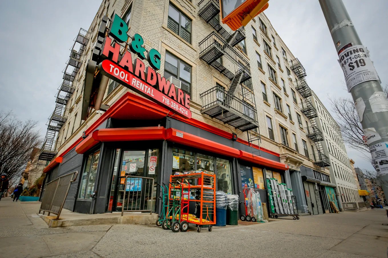 B & G Hardware storefront on the corner of Robeling St in Williamsburg, Brooklyn