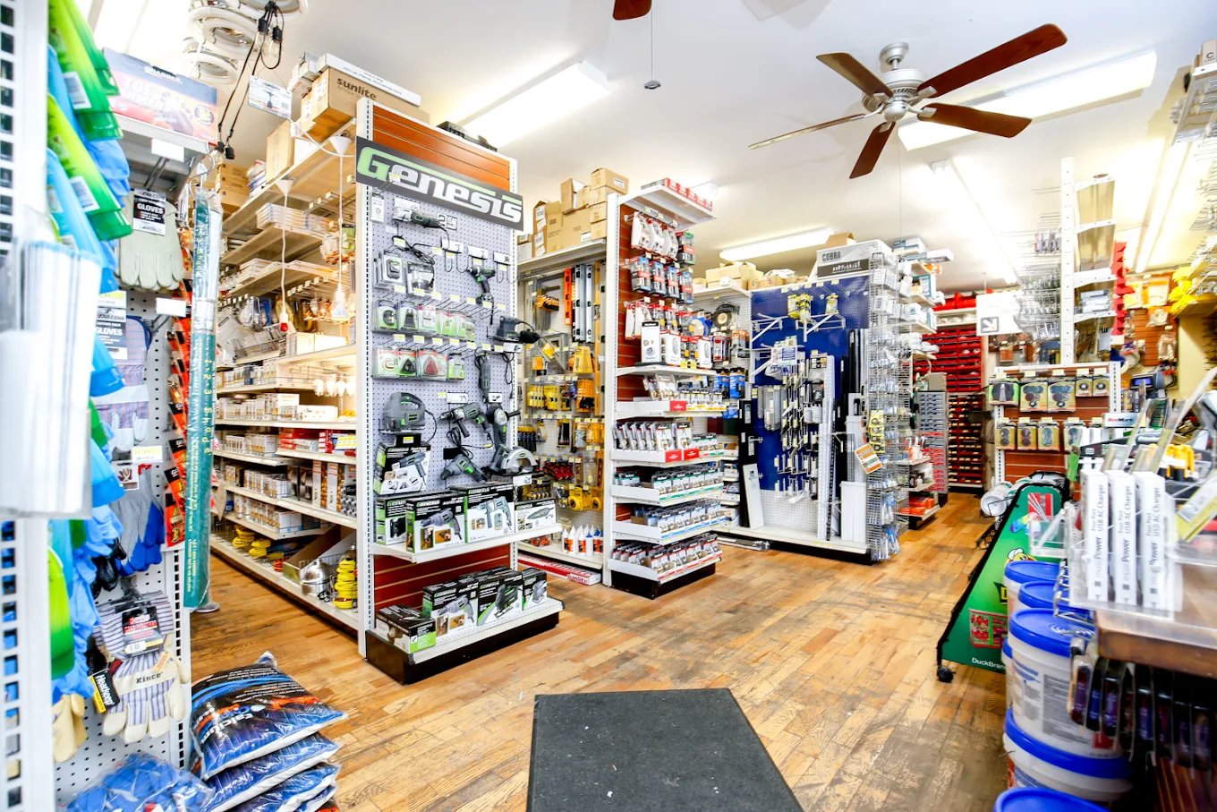 Aisles of tools and supplies inside B & G Hardware in Williamsburg